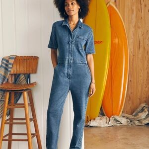 Faherty Blue Short-Sleeve Denim Jumpsuit